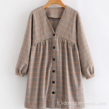 V-cou Plaid Casual Cute Student Robe à manches longues